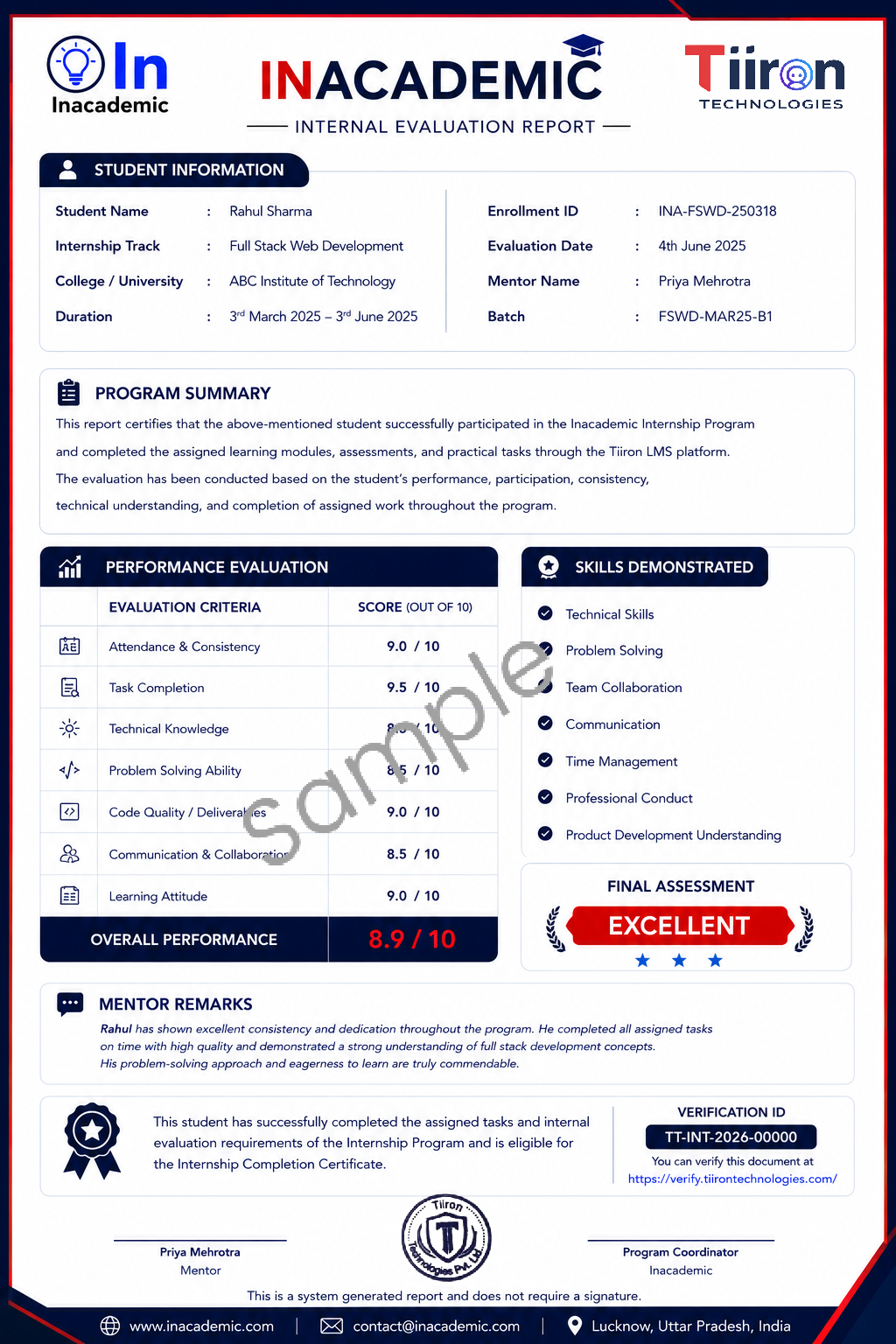 Sample internal evaluation report