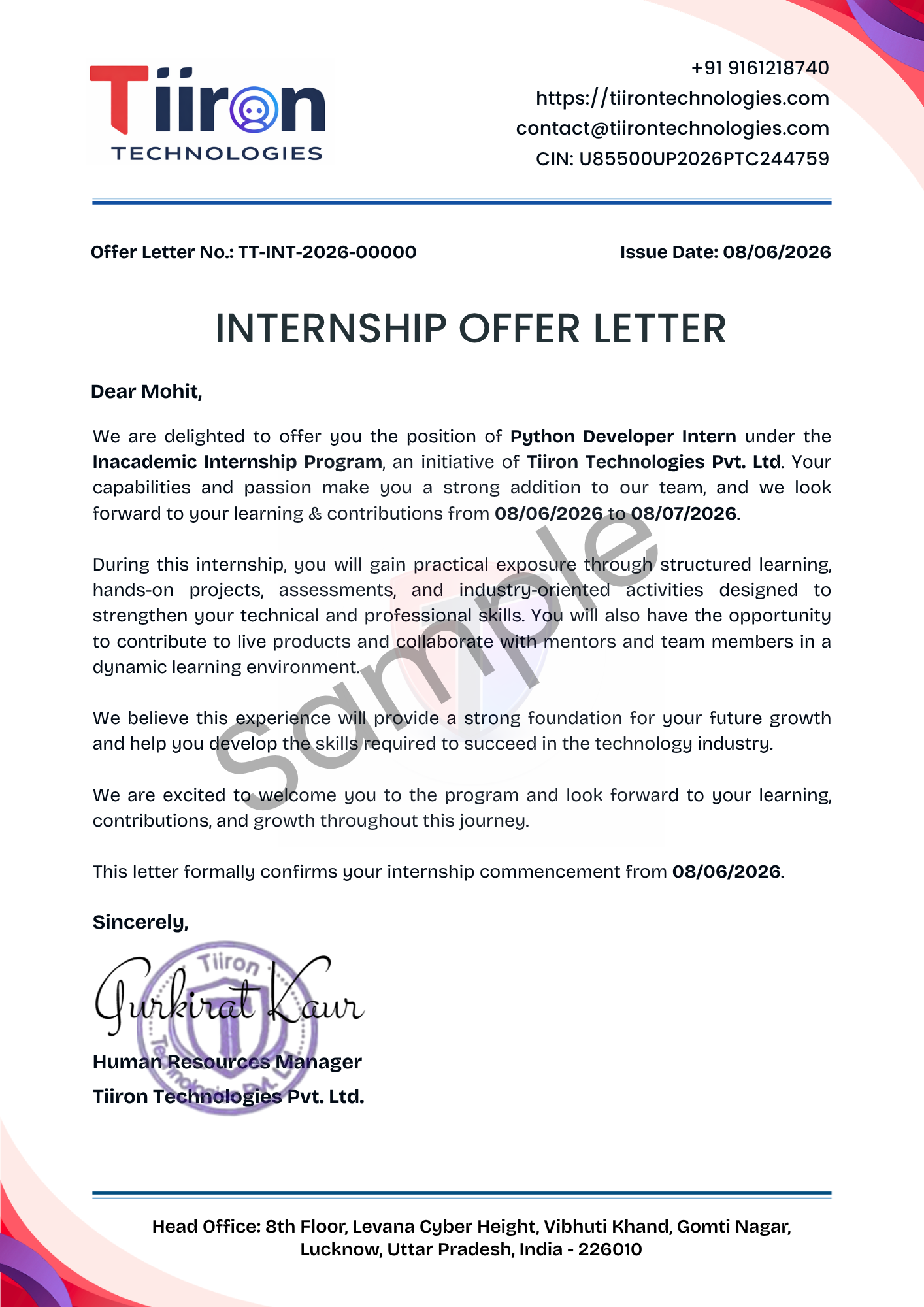 Sample internship joining letter